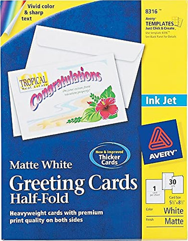 Avery Half-Fold Greeting Cards, Inkjet, 5.5 x 8.5, Matte White, Box of 30, Envelopes Included (8316)